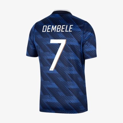 Camiseta azul de la primera equipación de Francia 2026 para adulto con el dorsal oficial de Dembélé en la espalda.