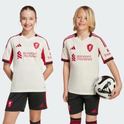Segunda equipación de fútbol del Liverpool FC para niños, temporada 25/26. Kit de visitante infantil oficial de los Reds.