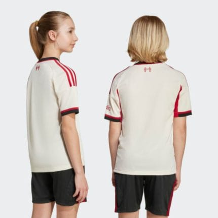 Segunda equipación de fútbol del Liverpool FC para niños, temporada 25/26. Kit de visitante infantil oficial de los Reds.