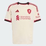 Segunda equipación de fútbol del Liverpool FC para niños, temporada 25/26. Kit de visitante infantil oficial de los Reds.