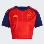 Camiseta de fútbol para mujer de la primera equipación de España, roja, con las 2 estrellas de campeona del mundo.