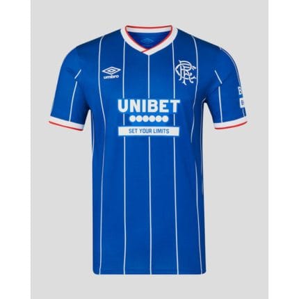 Camiseta de la primera equipación del Rangers FC para la temporada 2026/27 para adulto. Vista frontal de la elástica azul.