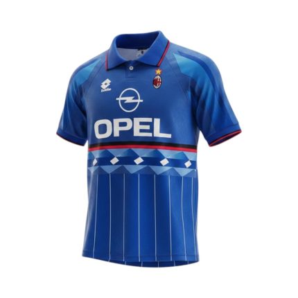 Camiseta retro AC Milan 1995/96 cuarta equipación azul — vista frontal en maniquí