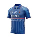 Camiseta retro AC Milan 1995/1996 segunda equipación azul — vista frontal en maniquí