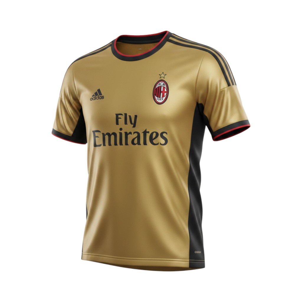 camiseta-retro-ac-milan-2013-14-segunda-equipacion-01 Camiseta retro AC Milan 2013/14 segunda equipación dorada — vista frontal en maniquí