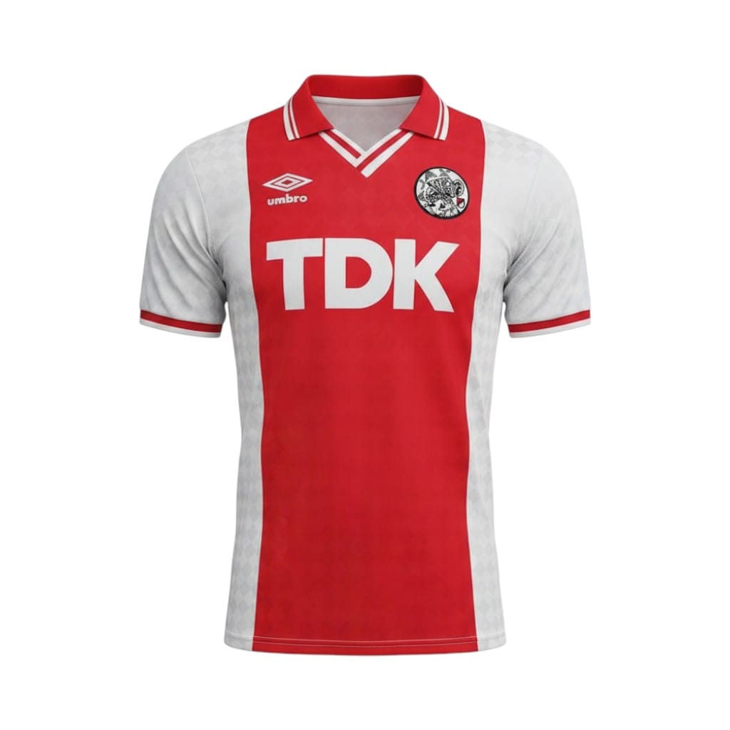 Camiseta retro Ajax 1989/90 primera equipación vista frontal en maniquí Camiseta retro Ajax 1989/90 primera equipación — vista frontal en maniquí