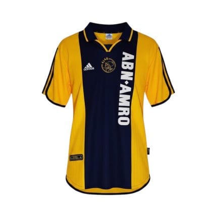 Camiseta retro Ajax 2000/01 segunda equipación amarilla y azul marino — vista frontal en maniquí