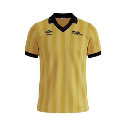 Camiseta retro Arsenal 1983-86 segunda equipación amarilla con detalles negros y rojos. — vista frontal en maniquí