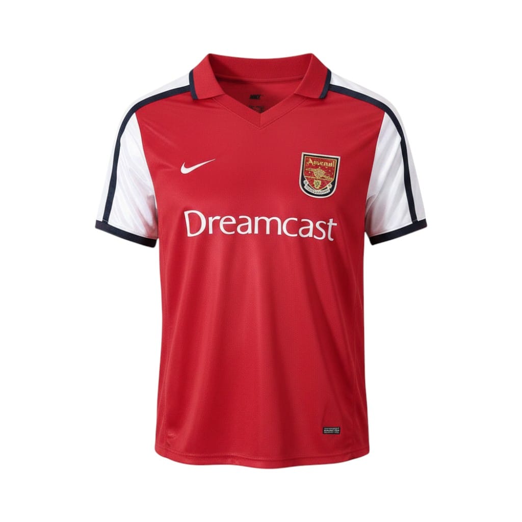 camiseta-retro-arsenal-2001-02-primera-equipacion-01 Camiseta retro Arsenal primera equipación temporadas 1999/00 y 2000/01 con patrocinador Dreamcast y marca Nike. — vista frontal en maniquí