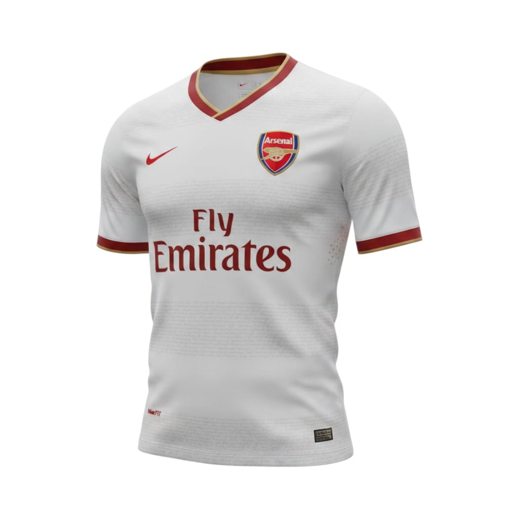 camiseta-retro-arsenal-2007-08-segunda-equipacion-01 Camiseta retro Arsenal 2007/08 segunda equipación blanca — vista frontal en maniquí