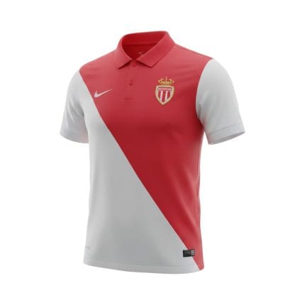 Camiseta retro AS Mónaco 2014/15 primera equipación, diseño rojo y blanco. — vista frontal en maniquí