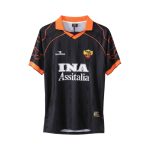 Camiseta retro AS Roma 1999/00 segunda equipación negra y naranja — vista frontal en maniquí