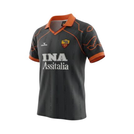 Camiseta retro AS Roma 1999/00 tercera equipación negra y naranja — vista frontal en maniquí