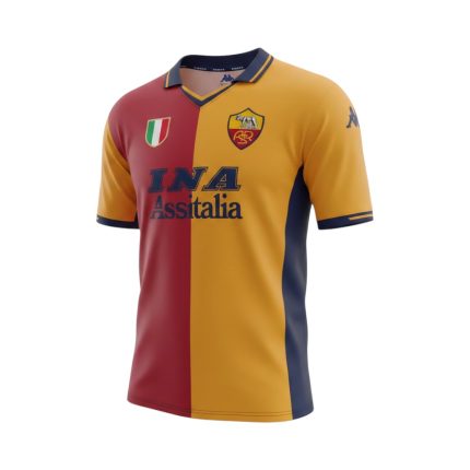 Camiseta retro AS Roma 2001-02 tercera equipación, diseño bicolor con Scudetto. — vista frontal en maniquí