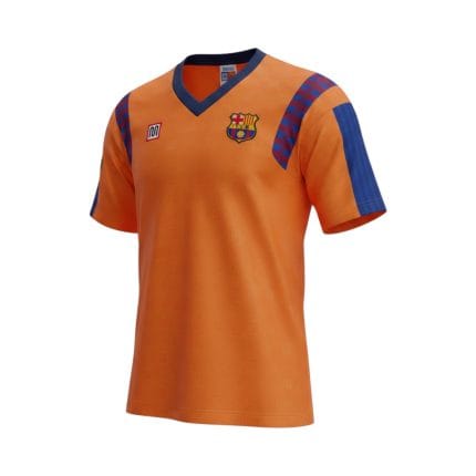 Camiseta retro Barcelona 1989-92 segunda equipación naranja Meyba — vista frontal en maniquí