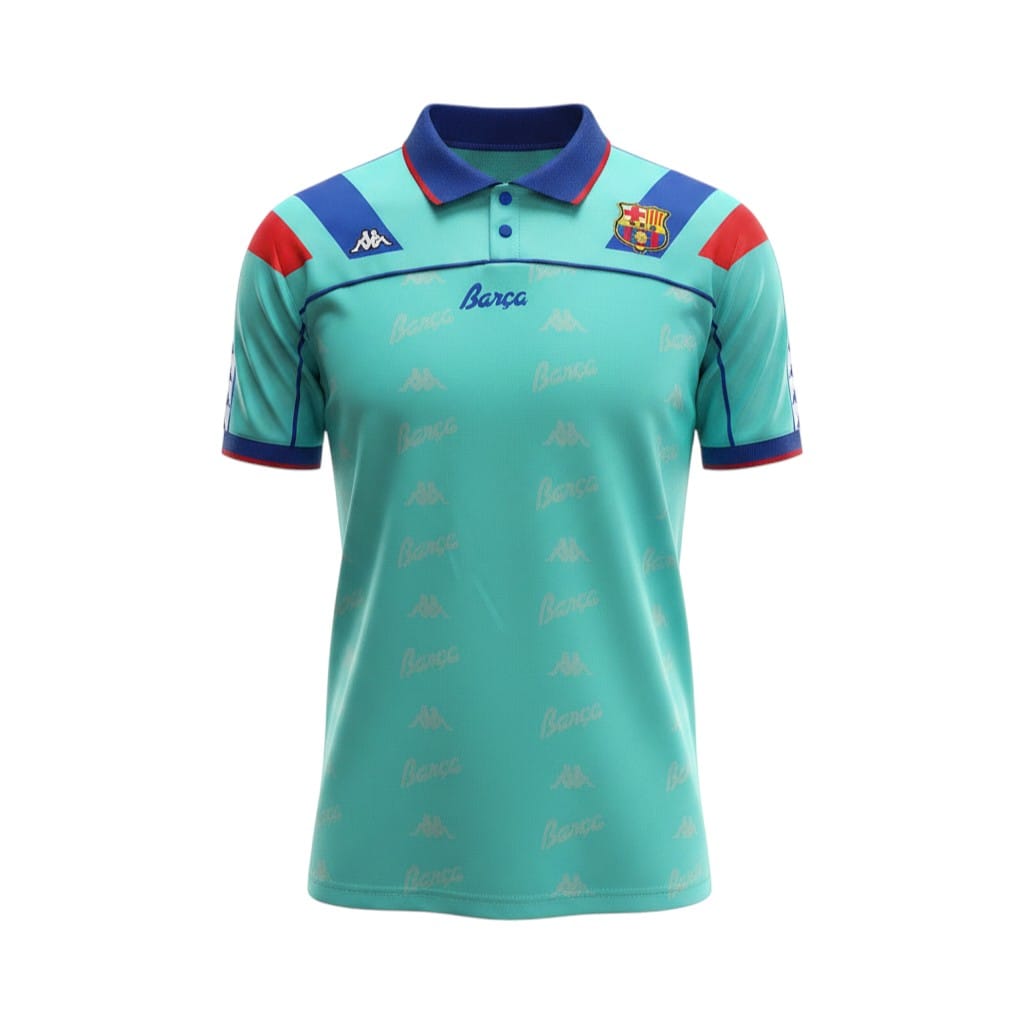 camiseta-retro-barcelona-1992-95-segunda-equipacion-01 Camiseta retro FC Barcelona segunda equipación 1992-1995 Kappa turquesa — vista frontal en maniquí