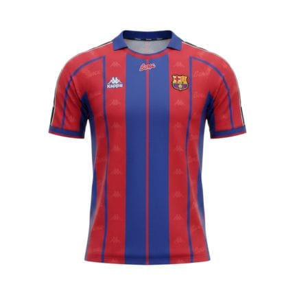 Camiseta retro FC Barcelona Primera Equipación 1997/98 — vista frontal en maniquí