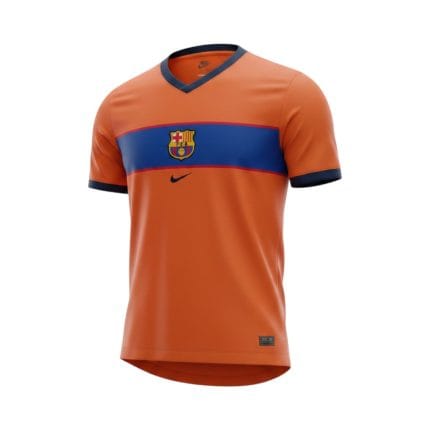 Camiseta retro FC Barcelona 1998/99 tercera equipación naranja — vista frontal en maniquí