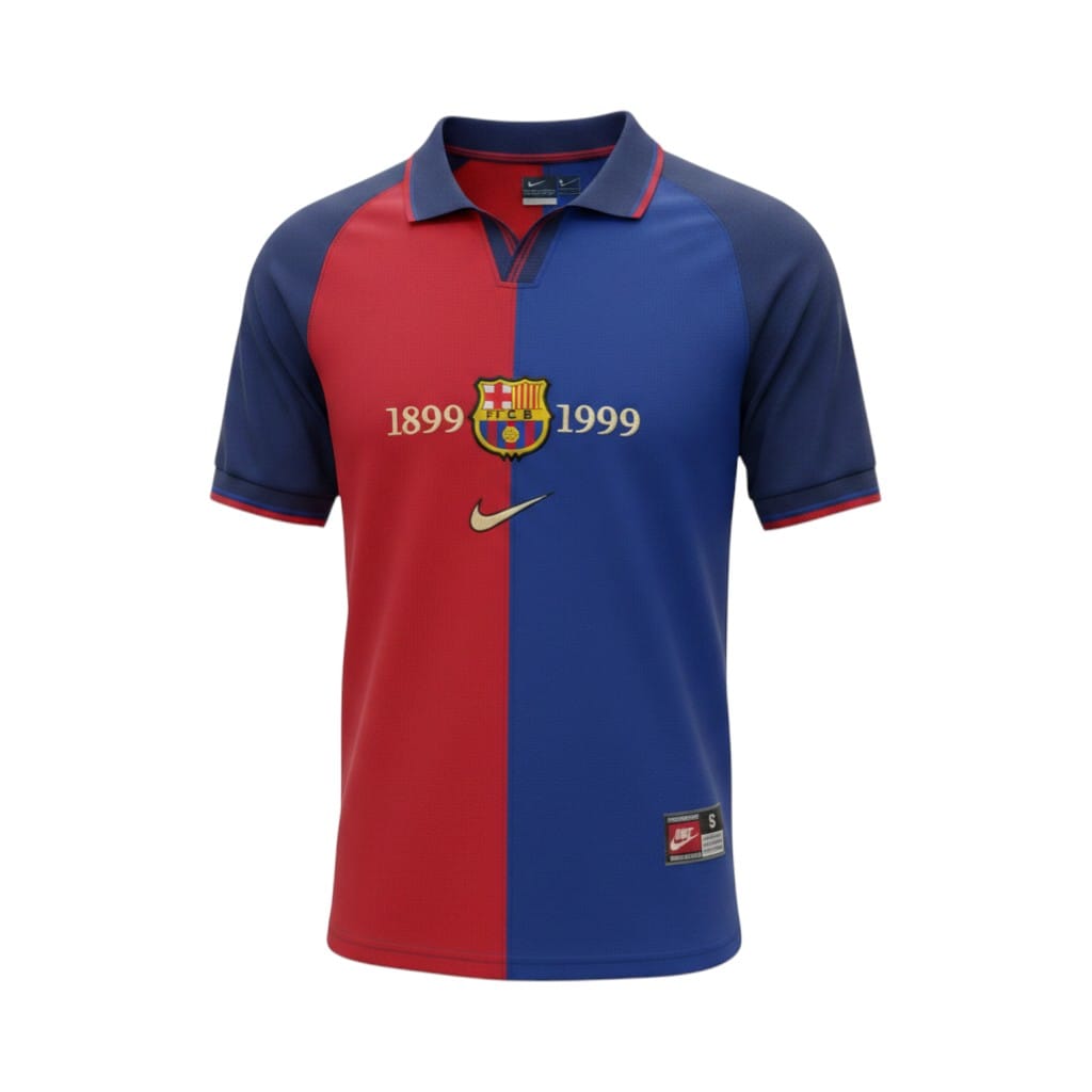 camiseta-retro-barcelona-1999-primera-equipacion-centenario-01 Camiseta retro FC Barcelona 1999 Centenario, primera equipación — vista frontal en maniquí