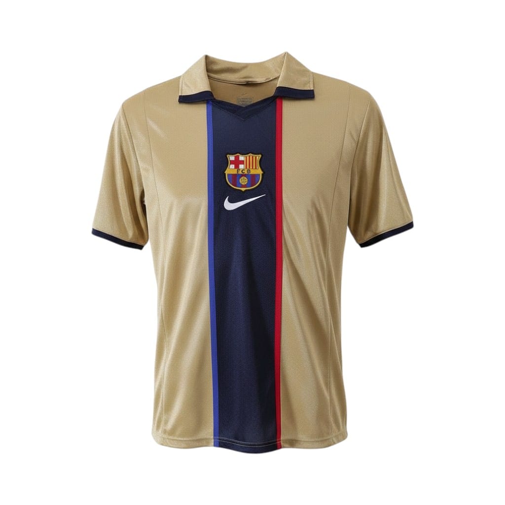 camiseta-retro-barcelona-2001-02-segunda-equipacion-01 Camiseta retro FC Barcelona 2001/02 segunda equipación dorada — vista frontal en maniquí