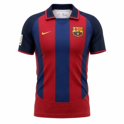 Camiseta retro del FC Barcelona de la primera equipación de la temporada 2003/04, con sus características franjas azulgranas.