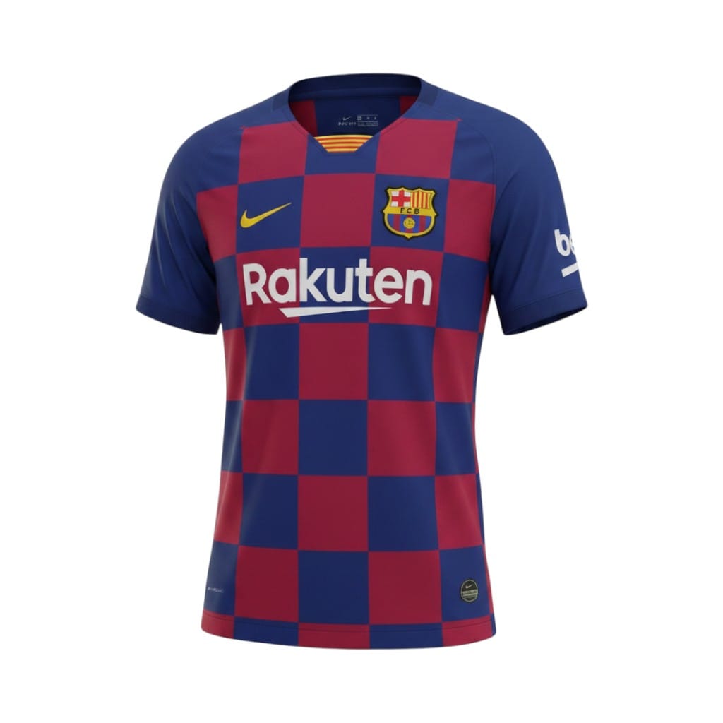 camiseta-retro-barcelona-2019-20-primera-equipacion-01 Camiseta retro FC Barcelona Primera Equipación 2019/20 — vista frontal en maniquí