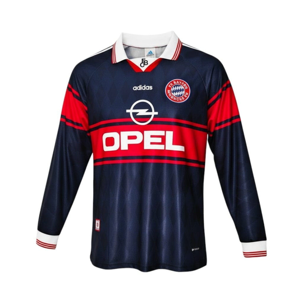 camiseta-retro-bayern-de-munich-1997-99-primera-equipacion-manga-larga-01 Camiseta retro Bayern de Múnich 1997/99 Primera Equipación — vista frontal en maniquí
