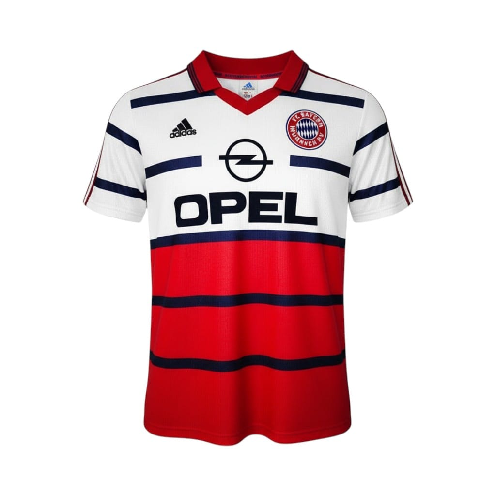 camiseta-retro-bayern-de-munich-1998-00-segunda-equipacion-01 Camiseta retro Bayern de Múnich 1998/00 segunda equipación — vista frontal en maniquí
