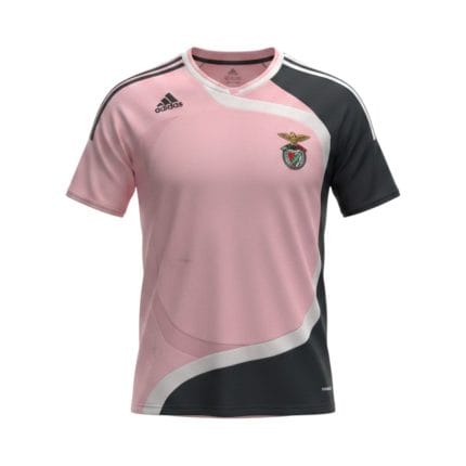 Camiseta retro Benfica 2007/08, segunda equipación rosa y gris oscuro — vista frontal en maniquí