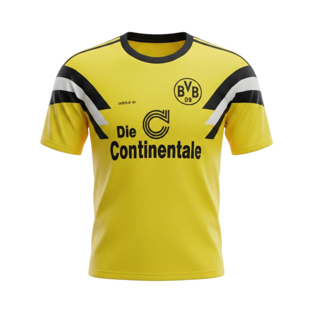 camiseta-retro-borussia-dortmund-1989-primera-equipacion-01 Camiseta retro Borussia Dortmund 1989 primera equipación amarilla — vista frontal en maniquí