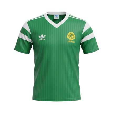Camiseta retro Camerún 1990 primera equipación — vista frontal en maniquí