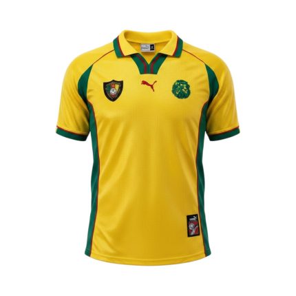Camiseta retro Camerún 1998/99 segunda equipación amarilla y verde. — vista frontal en maniquí
