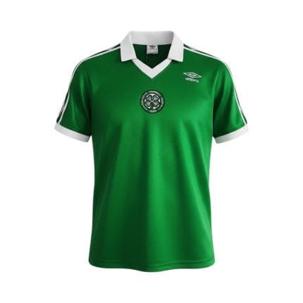 Camiseta retro Celtic 1980 Primera Equipación, verde con detalles blancos y logo Umbro. — vista frontal en maniquí