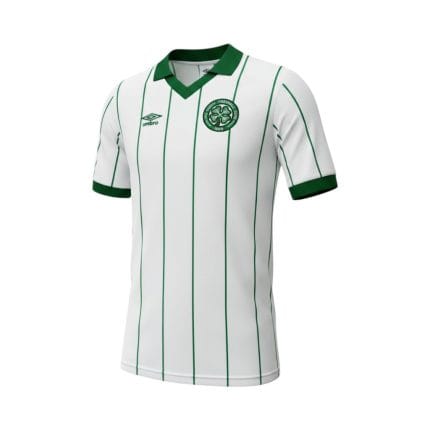 Camiseta retro Celtic 1984/86 segunda equipación blanca con rayas verdes — vista frontal en maniquí