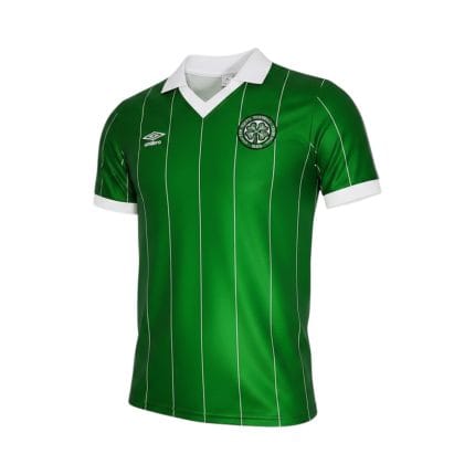 Camiseta retro Celtic 1984/86 tercera equipación verde rayas blancas — vista frontal en maniquí