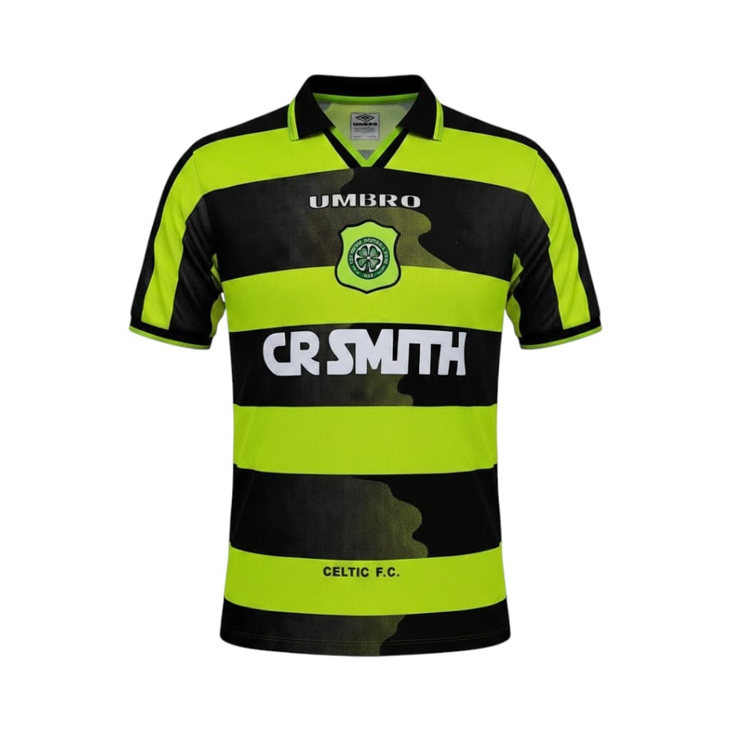 Camiseta retro Celtic 1996/97 segunda equipación vista frontal en maniquí Camiseta retro Celtic 1996/97 segunda equipación — vista frontal en maniquí