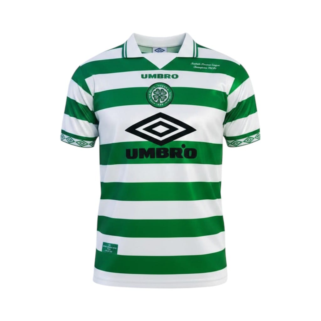 Camiseta retro Celtic 1998/99 primera equipación vista frontal en maniquí Camiseta retro Celtic 1998/99 primera equipación — vista frontal en maniquí