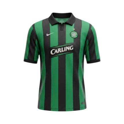 Camiseta retro del Celtic de Glasgow, segunda equipación de la temporada 2006/07, con rayas verdes y negras. — vista frontal en maniquí