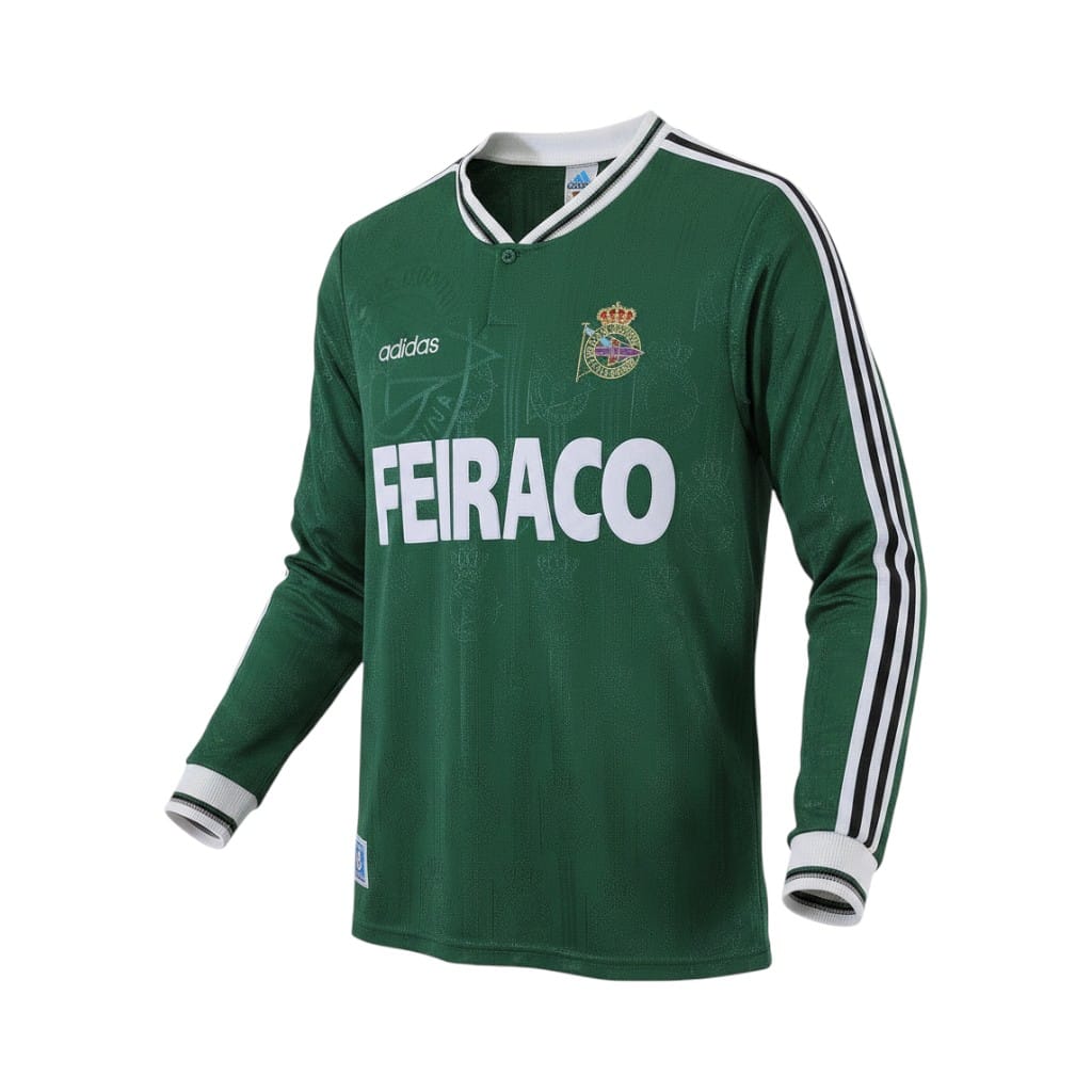 camiseta-retro-deportivo-de-la-coruna-1999-00-segunda-equipacion-manga-larga-01 Camiseta retro del Deportivo de La Coruña 1999/00, segunda equipación verde, manga larga. — vista frontal en maniquí