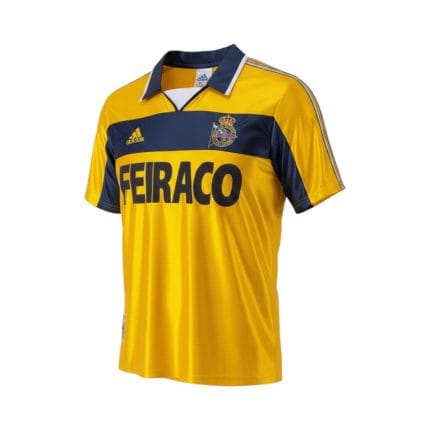 Camiseta retro Deportivo de La Coruña 1999/00 tercera equipación amarilla y azul — vista frontal en maniquí