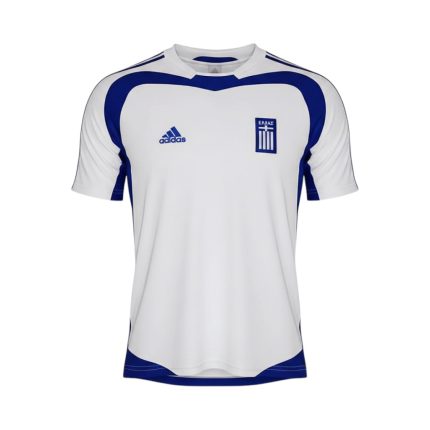 Camiseta retro Grecia 2004 segunda equipación blanca y azul — vista frontal en maniquí