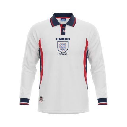 Camiseta retro de fútbol de Inglaterra de la temporada 1998, primera equipación y manga larga. — vista frontal en maniquí