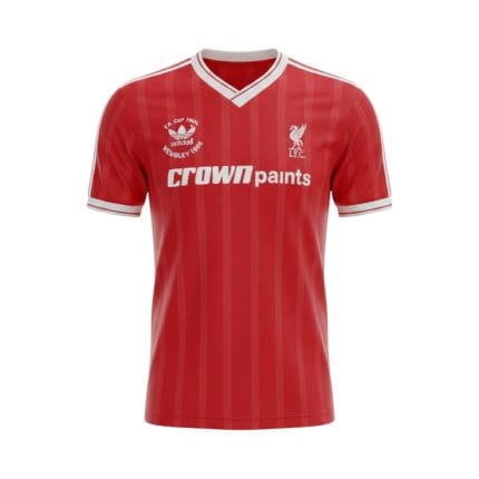 Camiseta retro del Liverpool de la temporada 1986/87, primera equipación, con el parche de la FA Cup Final 1986. — vista frontal en maniquí