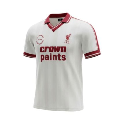 Camiseta retro Liverpool 1986-1987 tercera equipación blanca Crown Paints con escudo de doblete. — vista frontal en maniquí