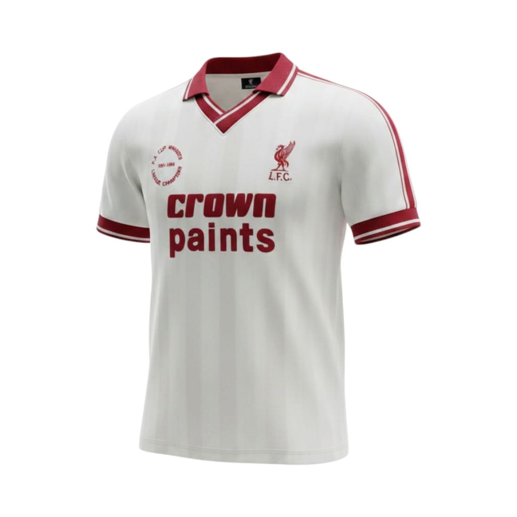 camiseta-retro-liverpool-1986-87-tercera-equipacion-01 Camiseta retro Liverpool 1986-1987 tercera equipación blanca Crown Paints con escudo de doblete. — vista frontal en maniquí