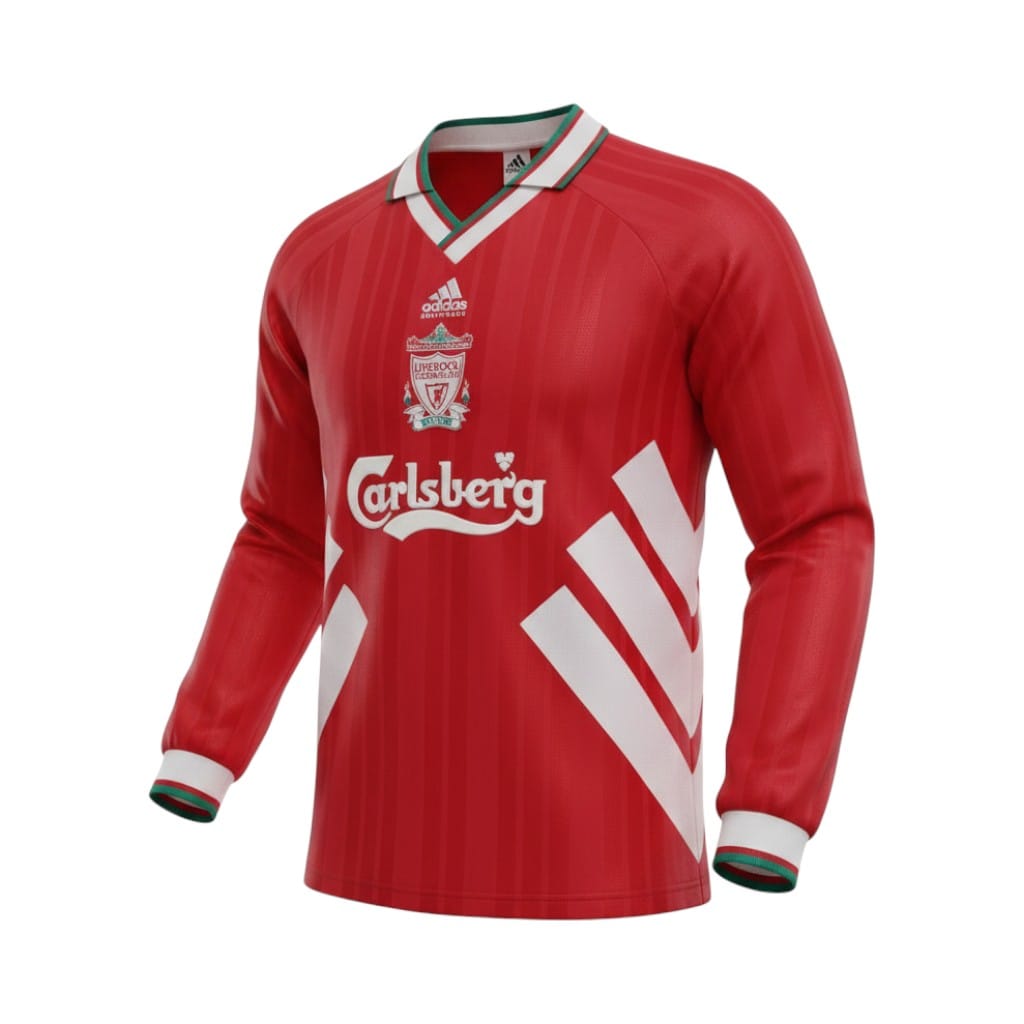 camiseta-retro-liverpool-1993-95-primera-equipacion-manga-larga-01 Camiseta retro Liverpool 1993/95 Primera Equipación Manga Larga — vista frontal en maniquí