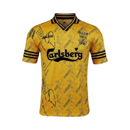 Camiseta retro Liverpool 1994-96 tercera equipación amarilla — vista frontal en maniquí