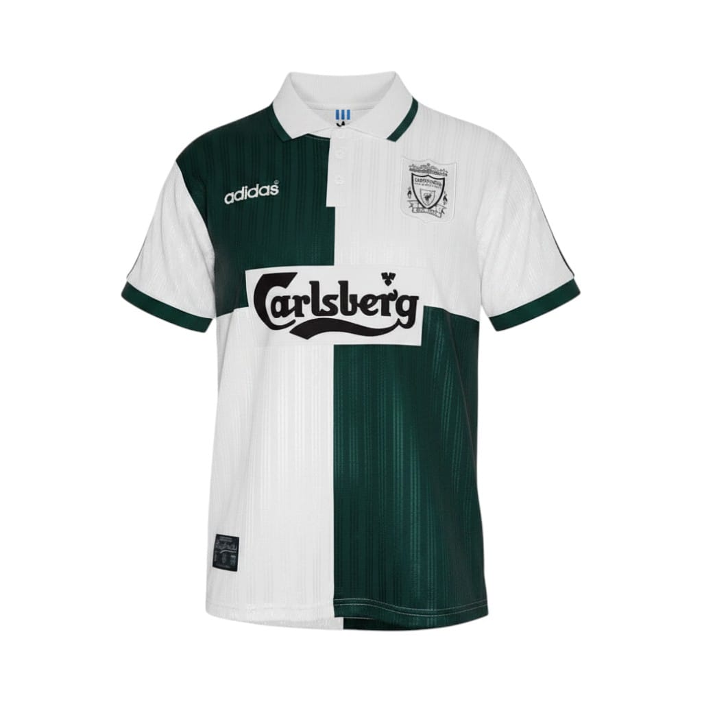Camiseta retro Liverpool 1995/96 segunda equipación vista frontal en maniquí Camiseta retro Liverpool 1995/96 segunda equipación — vista frontal en maniquí