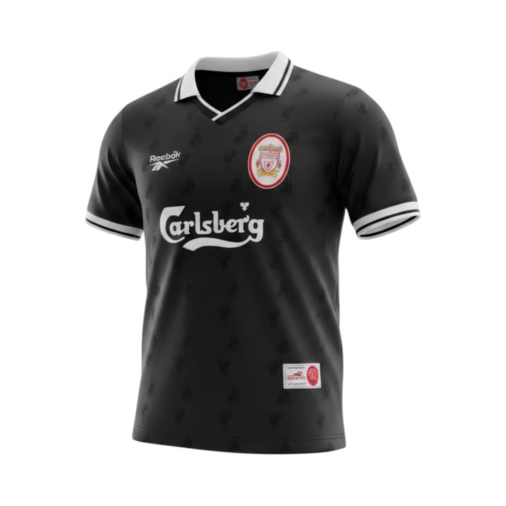 camiseta-retro-liverpool-1996-97-tercera-equipacion-01 Camiseta retro Liverpool 1996/97 tercera equipación negra — vista frontal en maniquí