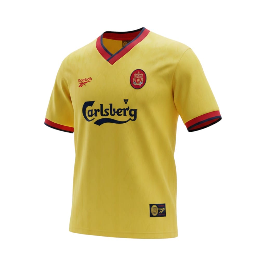 camiseta-retro-liverpool-1998-99-tercera-equipacion-01 Camiseta retro amarilla del Liverpool de la temporada 1998/99, tercera equipación. — vista frontal en maniquí